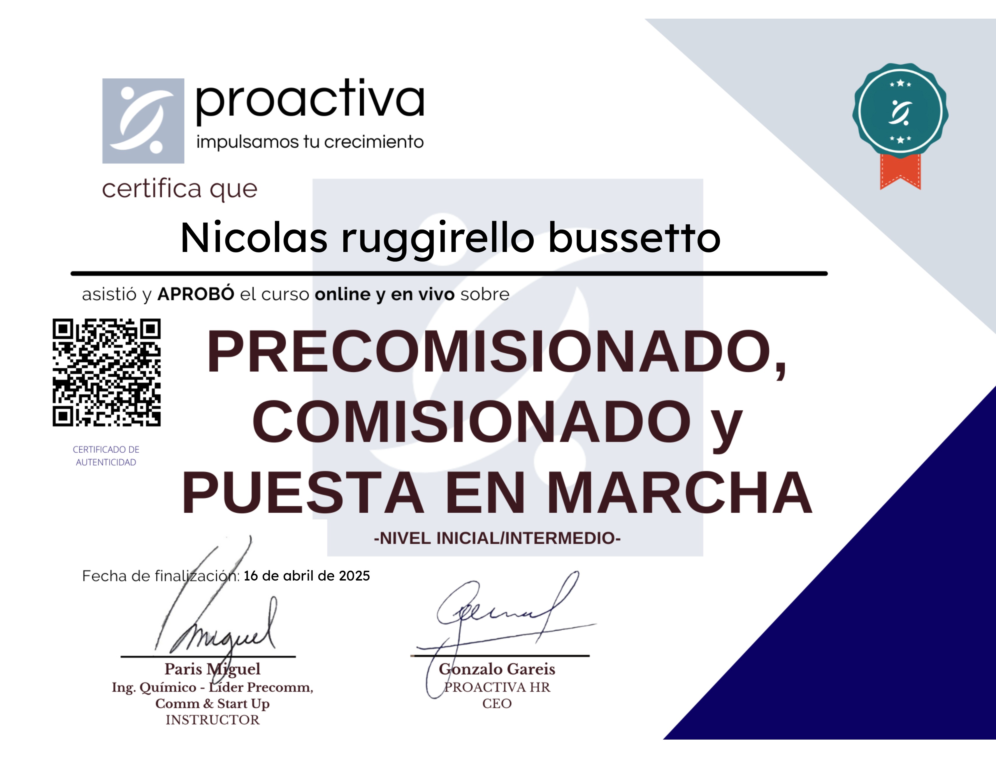 Precomisionado, Comisionado y Puesta en Marcha (0225)
