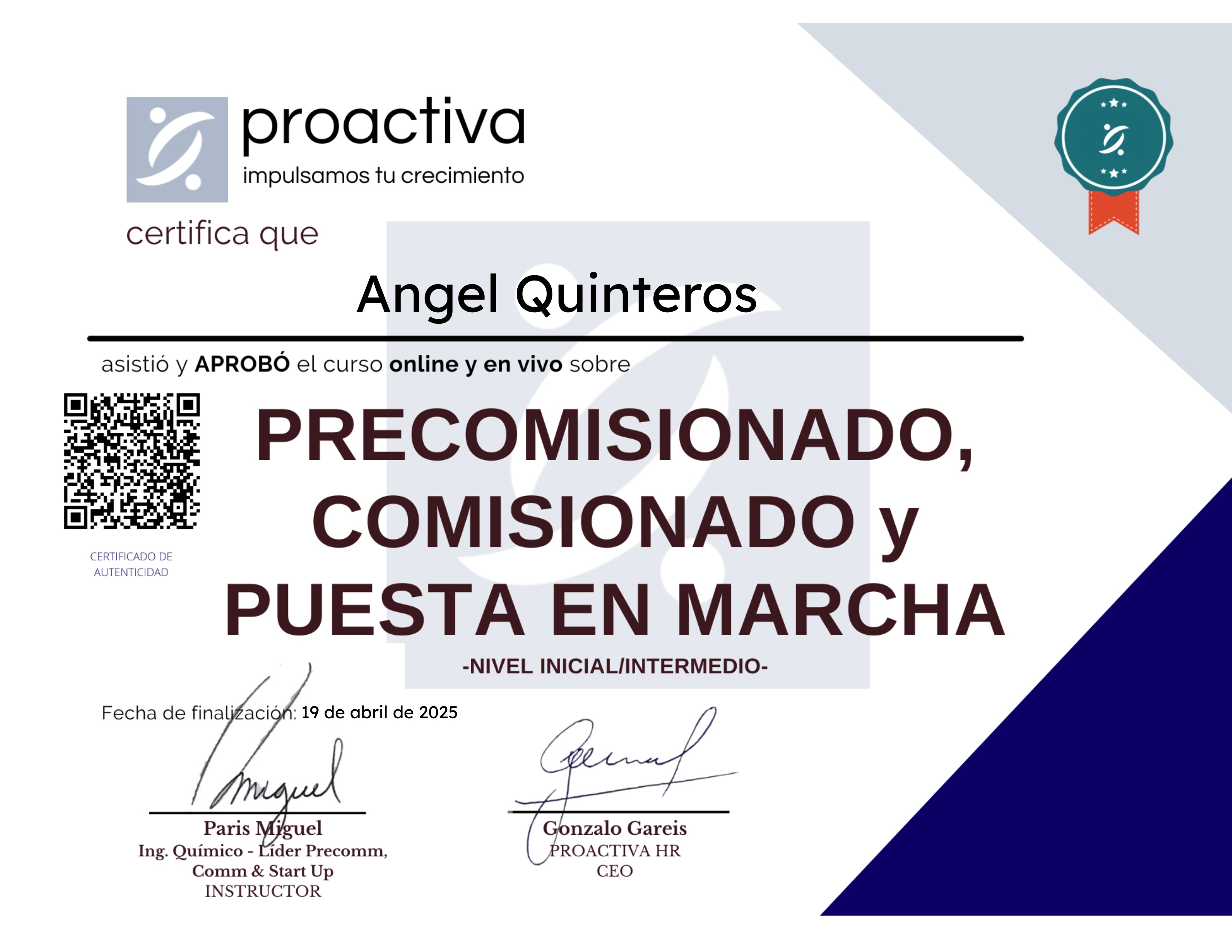 Precomisionado, Comisionado y Puesta en Marcha (0225)