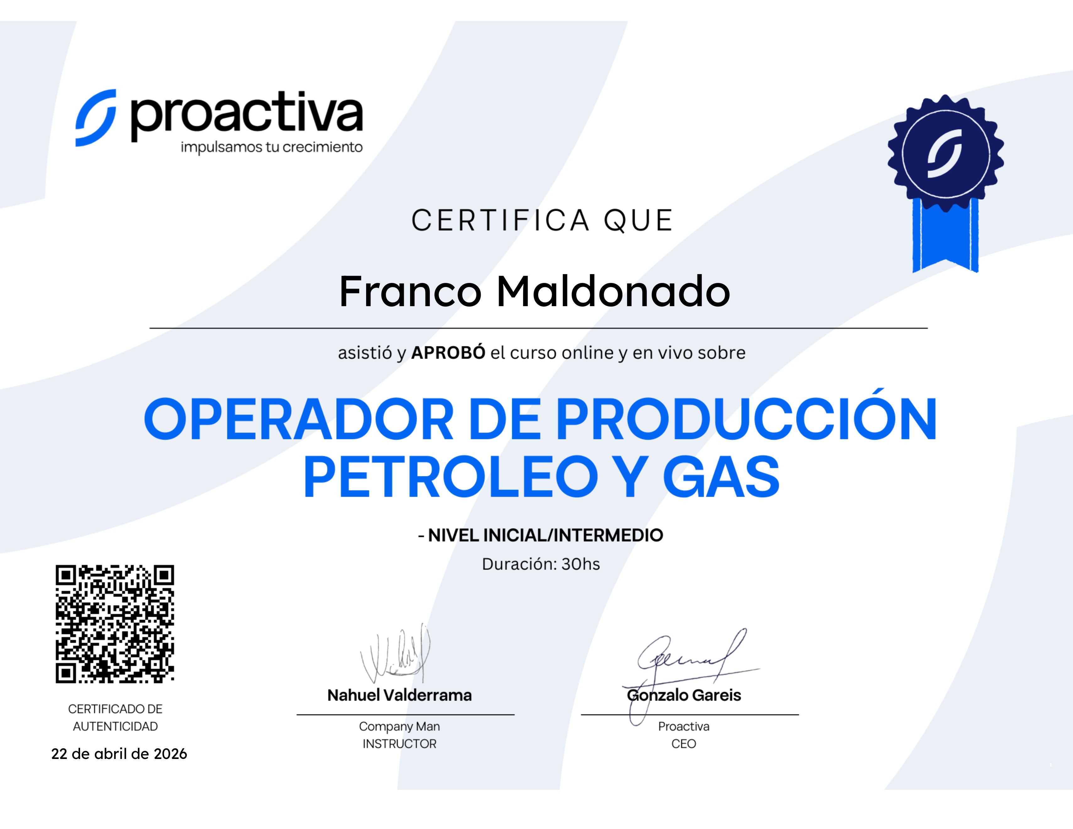 Operador de Producción Petroleo y Gas (0126)