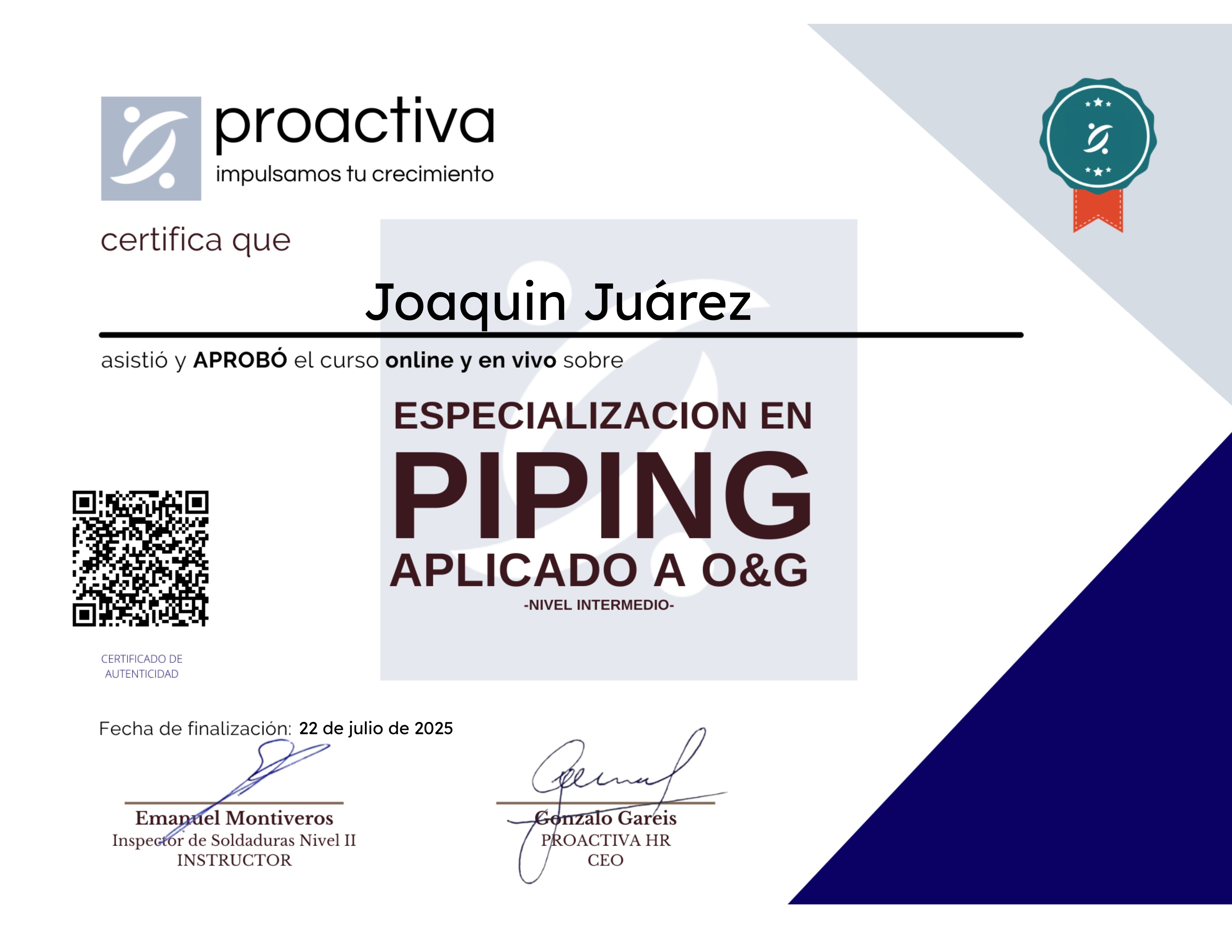 Especialización en PIPING para O&G (0525)