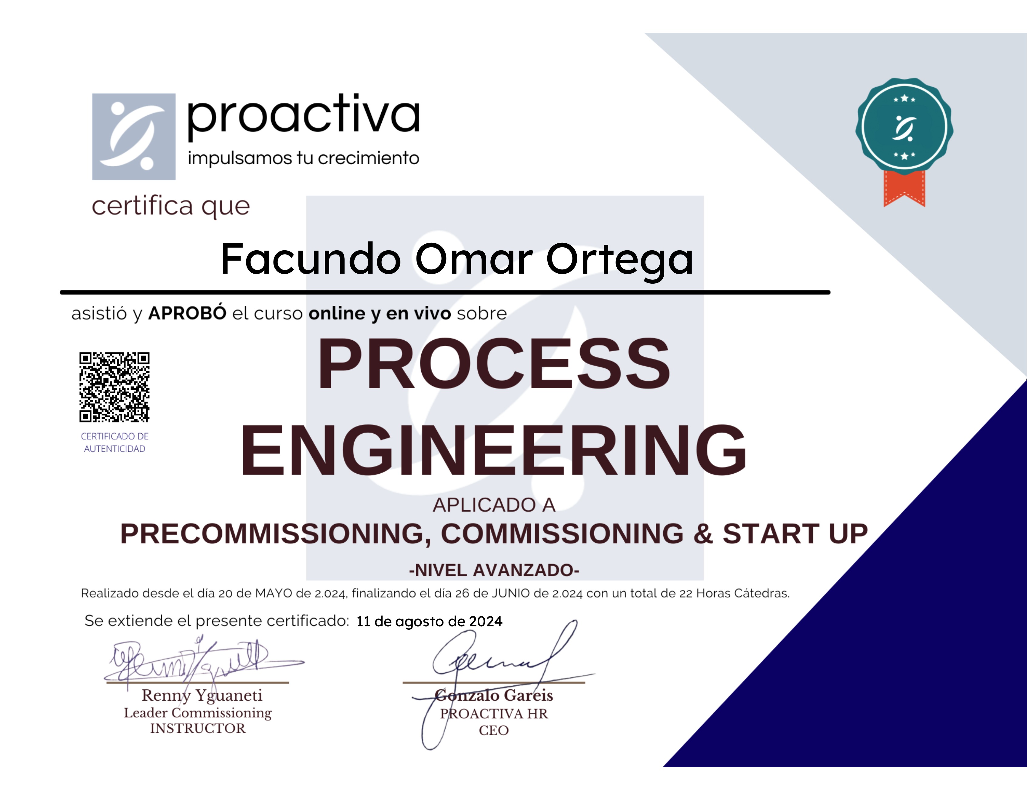 Ingeniería de Procesos aplicada a Precomm, Comm & Start Up (0524)