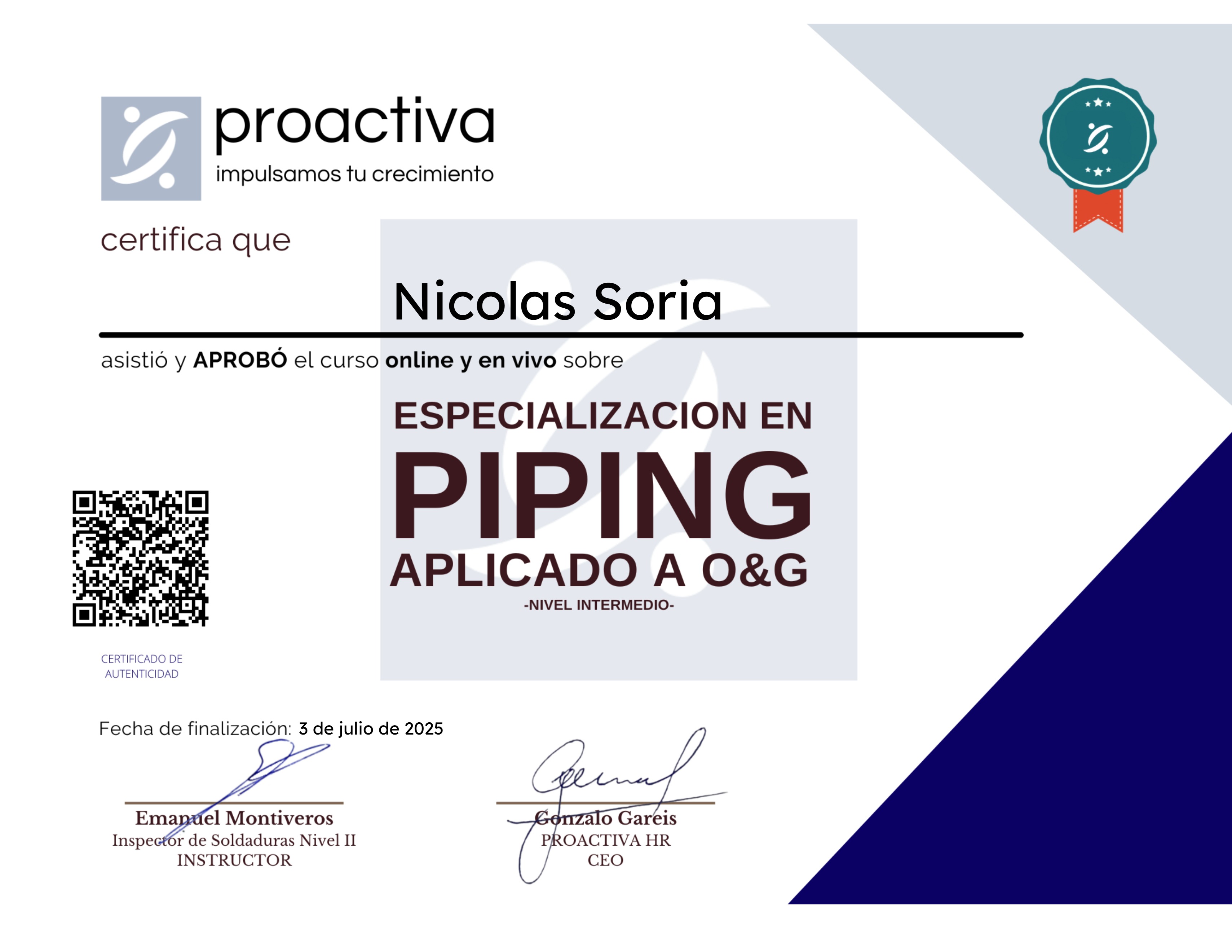 Especialización en PIPING para O&G (0325)