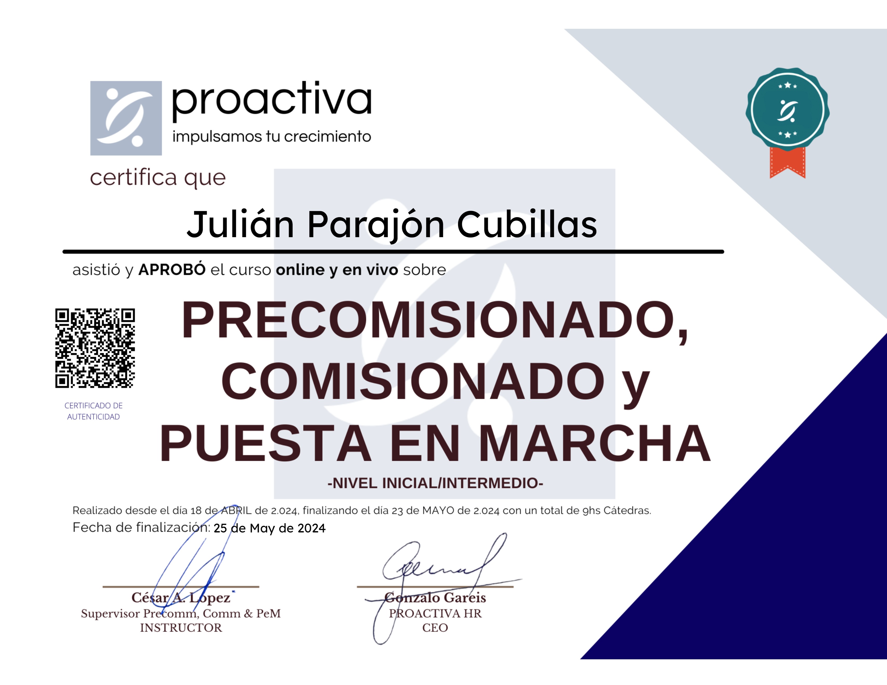 Precomisionado, Comisionado y Puesta en Marcha (0424)
